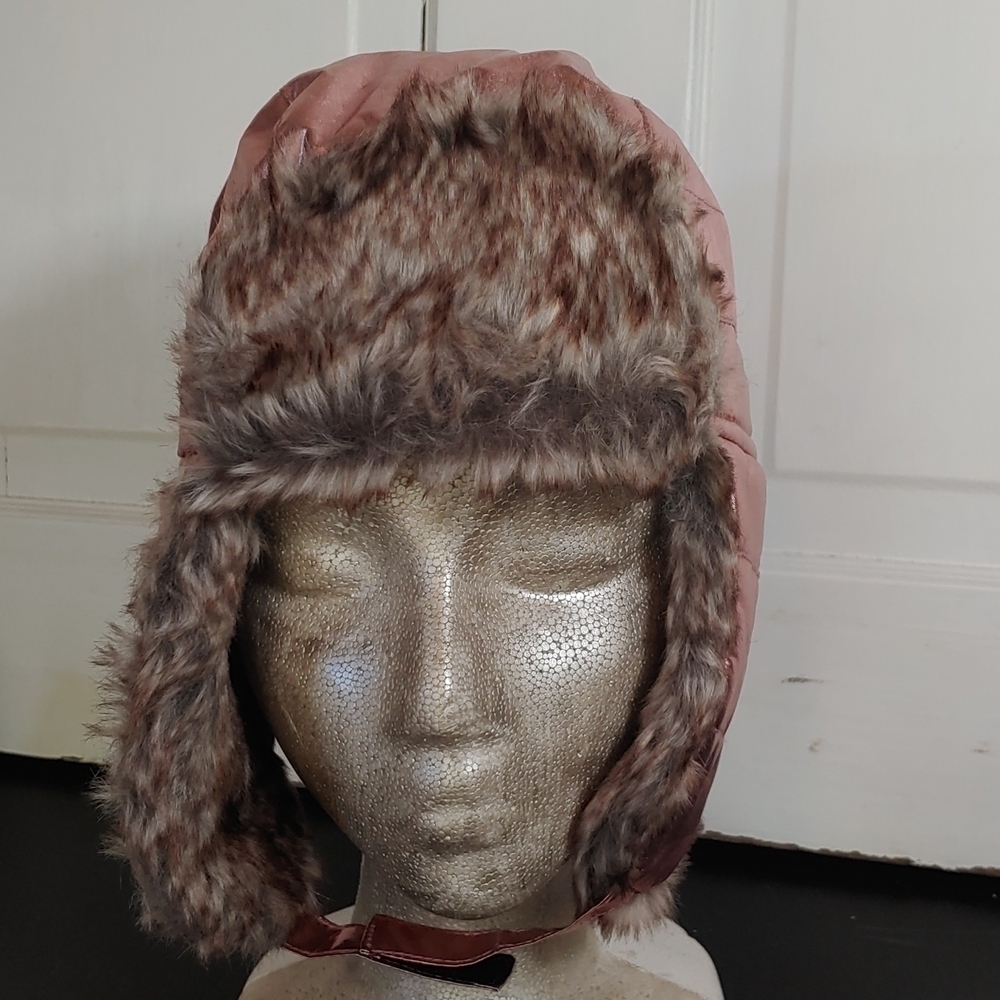 Swiss Tech Pink Metallic Faux Fur Trapper Hat Chin Strap Secure - Picture 2 of 6